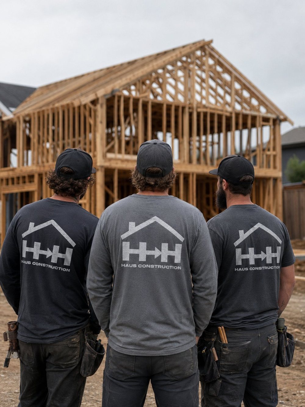 The Haus Construction crew in branded shirts looking at a newly framed home on the job site