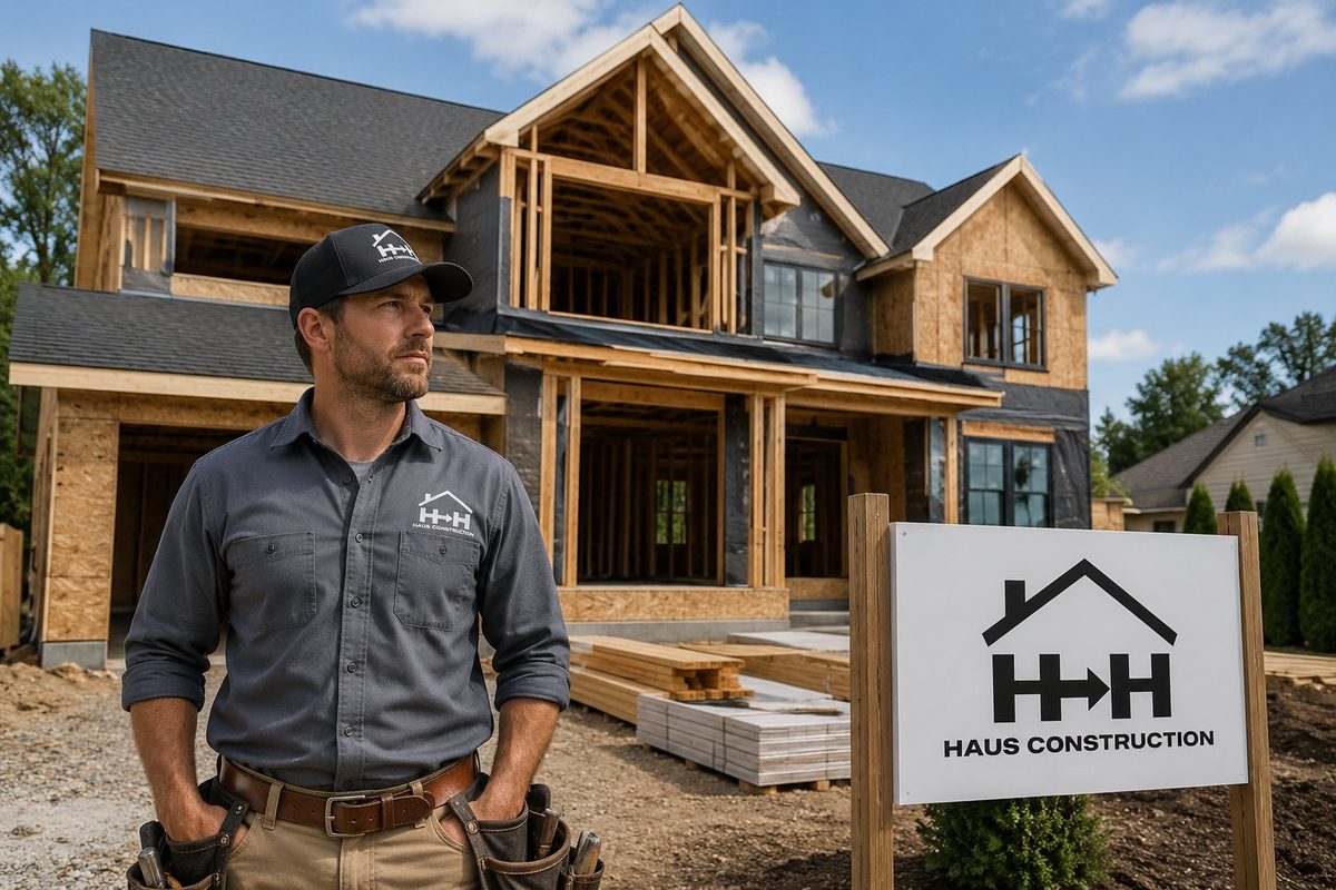 Haus Construction builder in front of a custom home under construction with the company yard sign