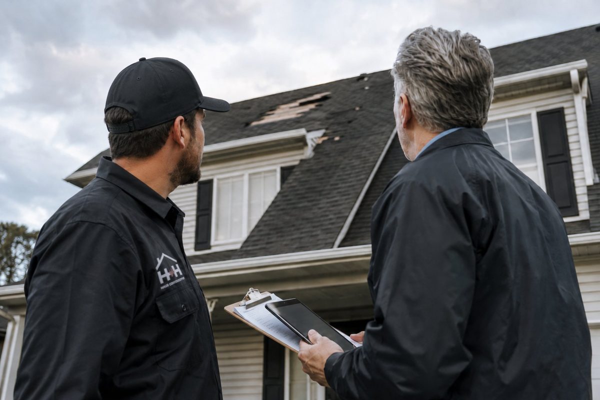 A Haus Construction contractor and an insurance claims adjuster reviewing storm damage to a home's roof