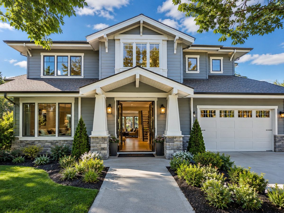 Renovated two-story craftsman home exterior with gray siding, stone accents and a covered entry